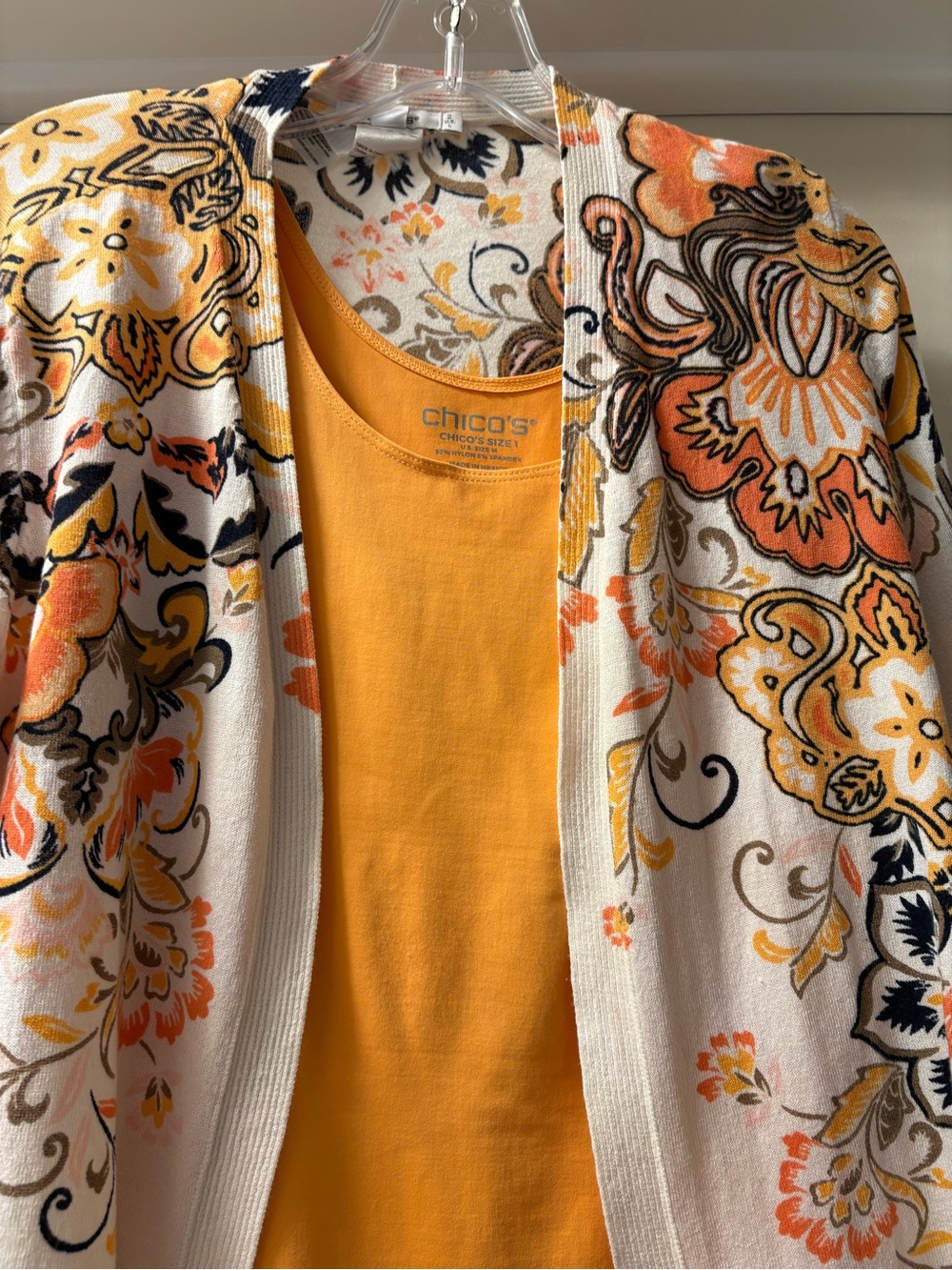 Chico's Mustard Tank with Floral Open Cardigan.